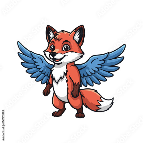 Whimsical winged fox character with blue wings — fantasy animal mascot vector illustration, playful fairy-tale design