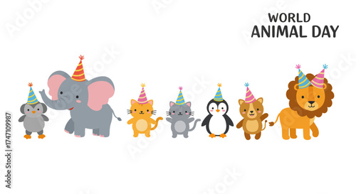 Cute cartoon animals wearing party hats celebrating world animal day with joyful expressions and bright colors for festive occasions vector