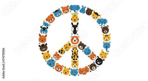 Diverse animal faces form a symbol of peace and unity in a colorful collage arrangement vector