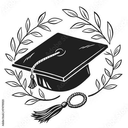Black graduation cap with laurel wreath and tassel 3