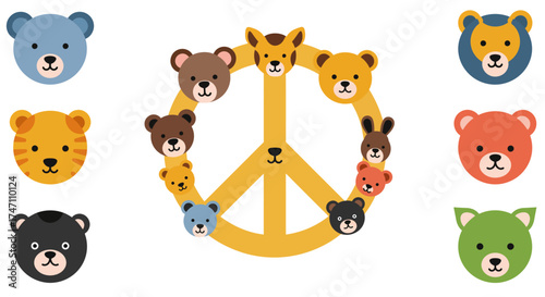 Cute cartoon bear faces forming a peace sign symbol and scattered around for creative design elements vector