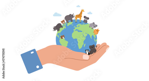 Human hand holding globe with diverse buildings architecture landmarks representing global city development and urbanization vector