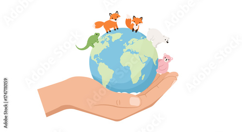 Adorable cartoon animals gracefully perched upon a vibrant planet earth held gently in a caring human hand symbolizing conservation and global care vector