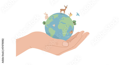 Protecting our planet caring hands holding earth with wildlife and nature symbols symbolizing environmental conservation and sustainability vector