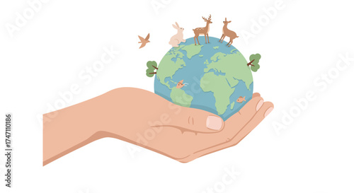Human hand gently holds planet earth globe with diverse people standing atop representing global community and unity concept vector