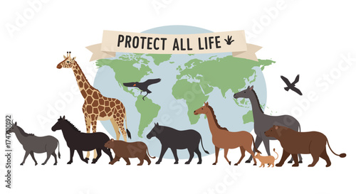 Diverse animals stand together protecting planet earth showing global conservation efforts and biodiversity awareness vector