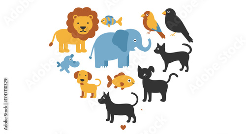 Heartwarming collection of diverse animals in a heart shape for childrens stories and educational content vector