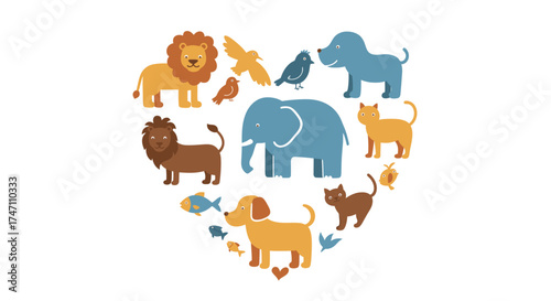 Adorable collection of diverse zoo animals arranged in a heart shape celebrating wildlife love and conservation efforts vector