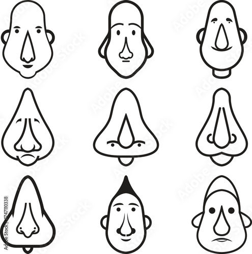 Funny cartoon nose face icons set in black line style on white background