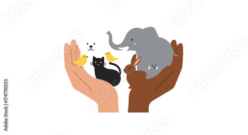 Diverse hands cupping gentle animals elephant cat white dog symbolizing care protection kindness unity compassion vector
