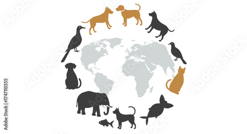 Diverse animals circle globe diverse wildlife fauna ecosystem earth conservation biodiversity wildlife protection nature conservation global ecology animal planet vector