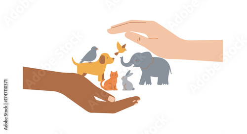 Human hands protecting diverse animals including elephant bird dog cat and rabbit symbolizing animal welfare and conservation efforts vector