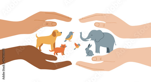 Diverse hands caring for various animals symbolizing animal welfare and protection concept art vector