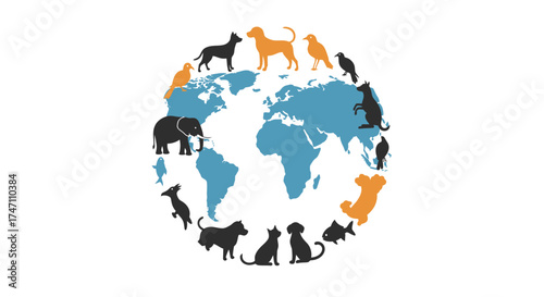 Global canine community diverse dog breeds silhouette encircling stylized world map concept art celebration vector