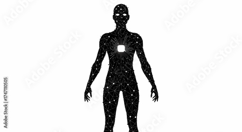 Futuristic cybernetic humanoid figure with glowing eyes and chest emitting light in a modern digital art concept vector