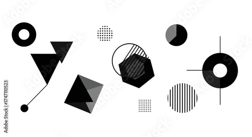 Abstract geometric shapes arranged artistically composed of circles triangles squares and hexagons with textures and lines vector