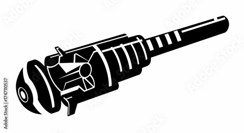 Detailed technical drawing of an antique mechanical device with intricate gears and a cylindrical handle vector