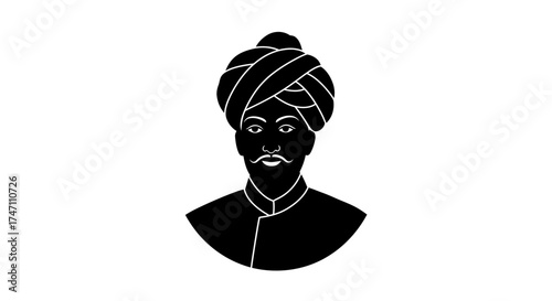 Silhouette bust portrait of a historical figure wearing a turban and traditional attire detailed drawing vector