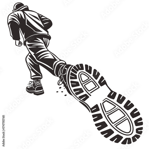 Black hiking boot print on white background footprint