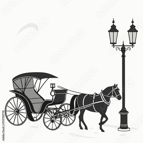 Black horse drawn carriage and lamppost illustration