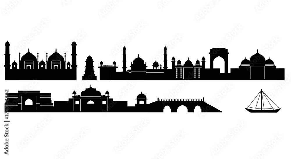 Obraz premium Iconic indian landmarks silhouette collection architectural icons india travel destination culture monument heritage tourism cityscape vector