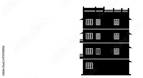 Black silhouetted multi story residential building facade with detailed windows creating architectural depth and urban charm vector