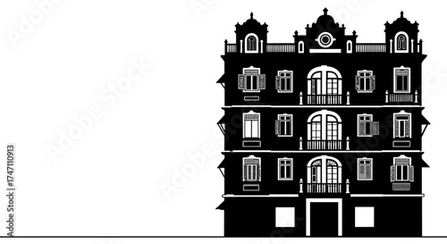 Striking silhouette of an ornate building facade with detailed windows and balconies against a white backdrop architectural landmark vector