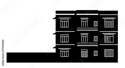 Modern apartment building silhouette with multiple windows balconies and architectural details side view vector