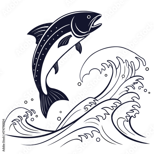 Dark blue fish leaping over stylized waves jumping 1