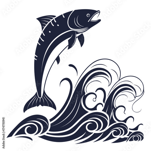 Dark blue fish leaping over stylized waves jumping