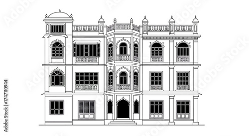 Architectural drawing of ornate european building facade with detailed windows balconies and decorative elements vector