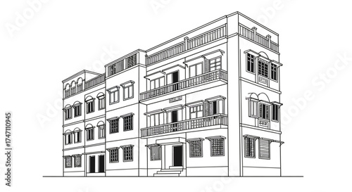 Architectural drawing of a classic european building facade with detailed windows and balconies iconic urban design element vector