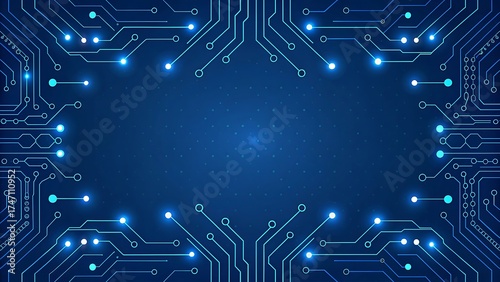 Blue Circuit Board Background with Glowing Microchips