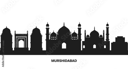 Iconic silhouette of murshidabad cityscape featuring historic landmarks and architectural wonders in stark black against white vector