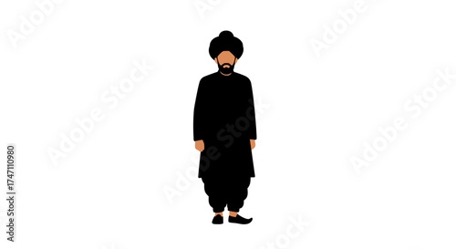 Traditional sikh man in black turban and outfit standing solemnly full body shot isolated vector