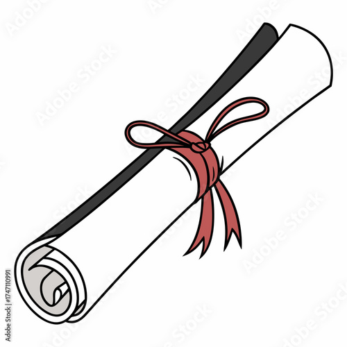 Rolled diploma scroll tied with red ribbon on white