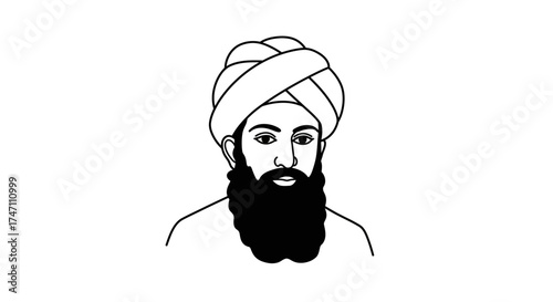 Portrait of a man with a full beard wearing a traditional turban style headwear drawing black and white. vector