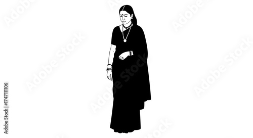 Elegant woman wearing a traditional black sari posing gracefully isolated on a clean studio portrait vector