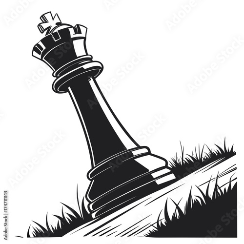 Black chess king piece silhouette on white background with grass
