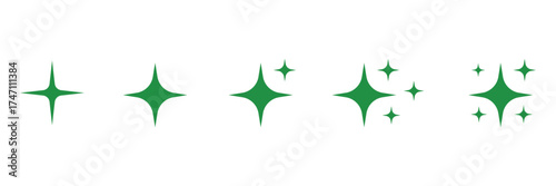 Collection of five glowing green starburst sparkle icons with subtle light effects isolated on transparent background