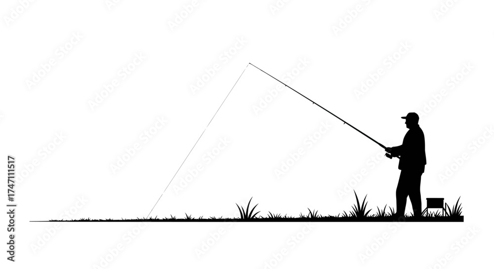 Obraz premium Silhouette of a fisherman casting a rod on a shoreline with overgrown grass and open sky in the distance vector