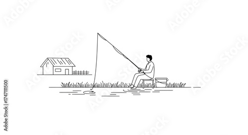 Fisherman casting line from rowboat near rustic hut enjoying peaceful outdoor activity scenic water recreation vector