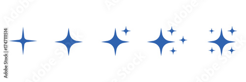 Five glowing blue four pointed starbursts with subtle light flares isolated on transparent background