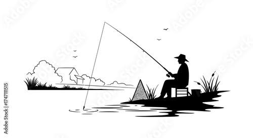 Silhouette of a lone fisherman casting a line from a serene riverbank amidst reeds and distant hills in a classic sketch style vector