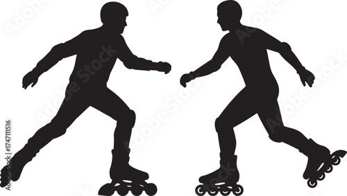 Two rollerbladers in motion skating towards each other silhouette isolated on white background