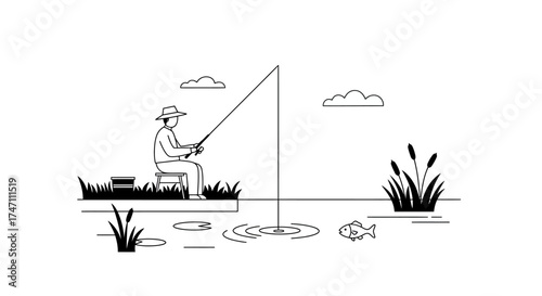 Relaxing fisherman sitting by lake with fishing rod waiting for catch amidst nature and clouds minimalist line art scene vector