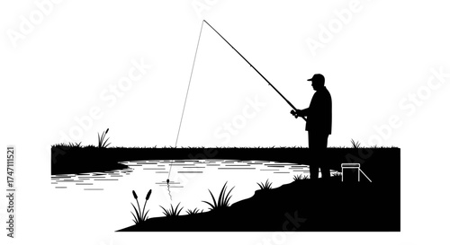 Silhouette of a lone angler casting a fishing rod on a pier by the water at sunrise or sunset vector