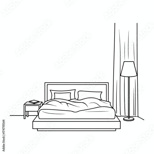 Elegant minimalist bedroom line art with double bed and bedside tables illustration