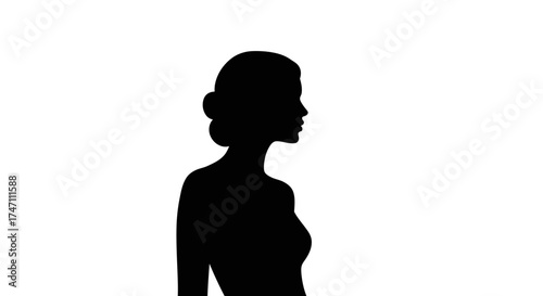 Elegant silhouette of a woman's profile with hair bun and visible shoulders in dramatic black against white vector