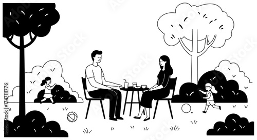 Couple enjoying outdoor cafe ambiance under lush trees in a picturesque park setting vector